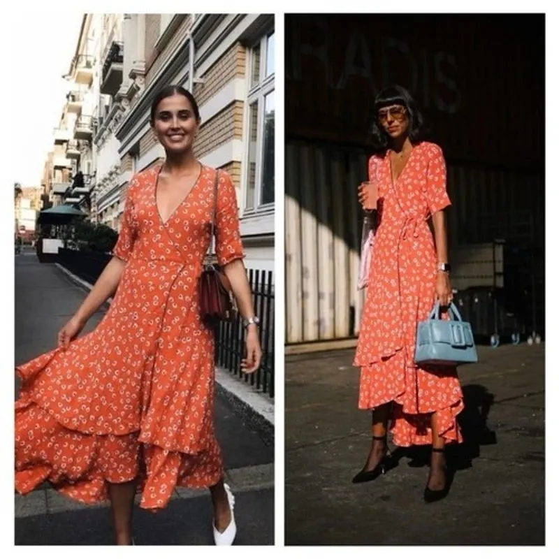 [Ganni] Silvery Crepe V-Neck Floral Print Wrap Red Apple Maxi Dress Size Large L - Image 13