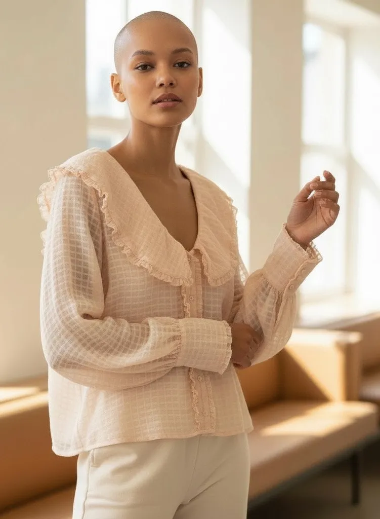 HYFVE Blouse Top Cropped Butter Yellow  Gauze Sheer Ruffles Long Sleeves Boho - Image 1