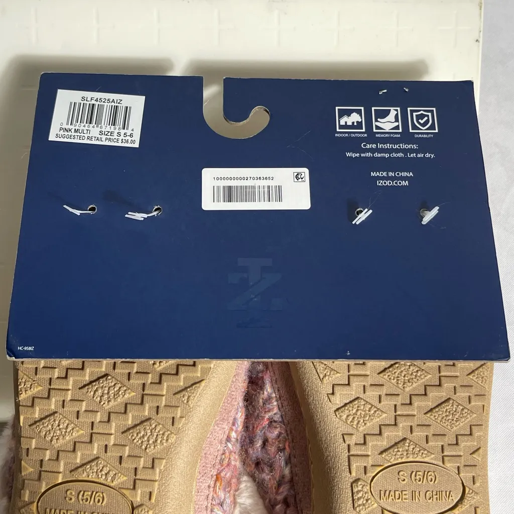 IZOD Ladies Knit Slippers Pink Multi Faux Fur Memory Foam Size S (5-6) - Image 3