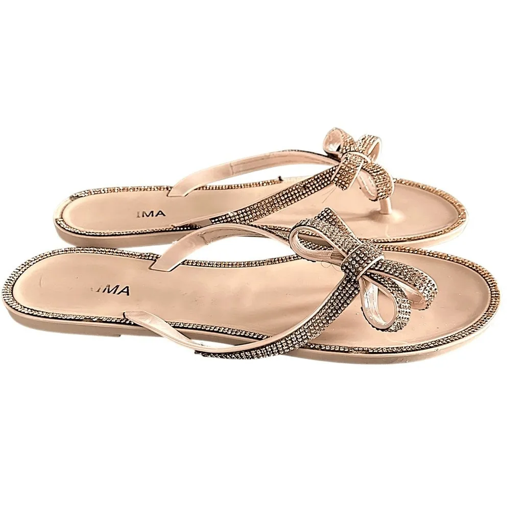 IMA Prima Lightweight Nude Rose Gold Rhinestone Bow Thong Sandals Tan Size 10 - Image 8