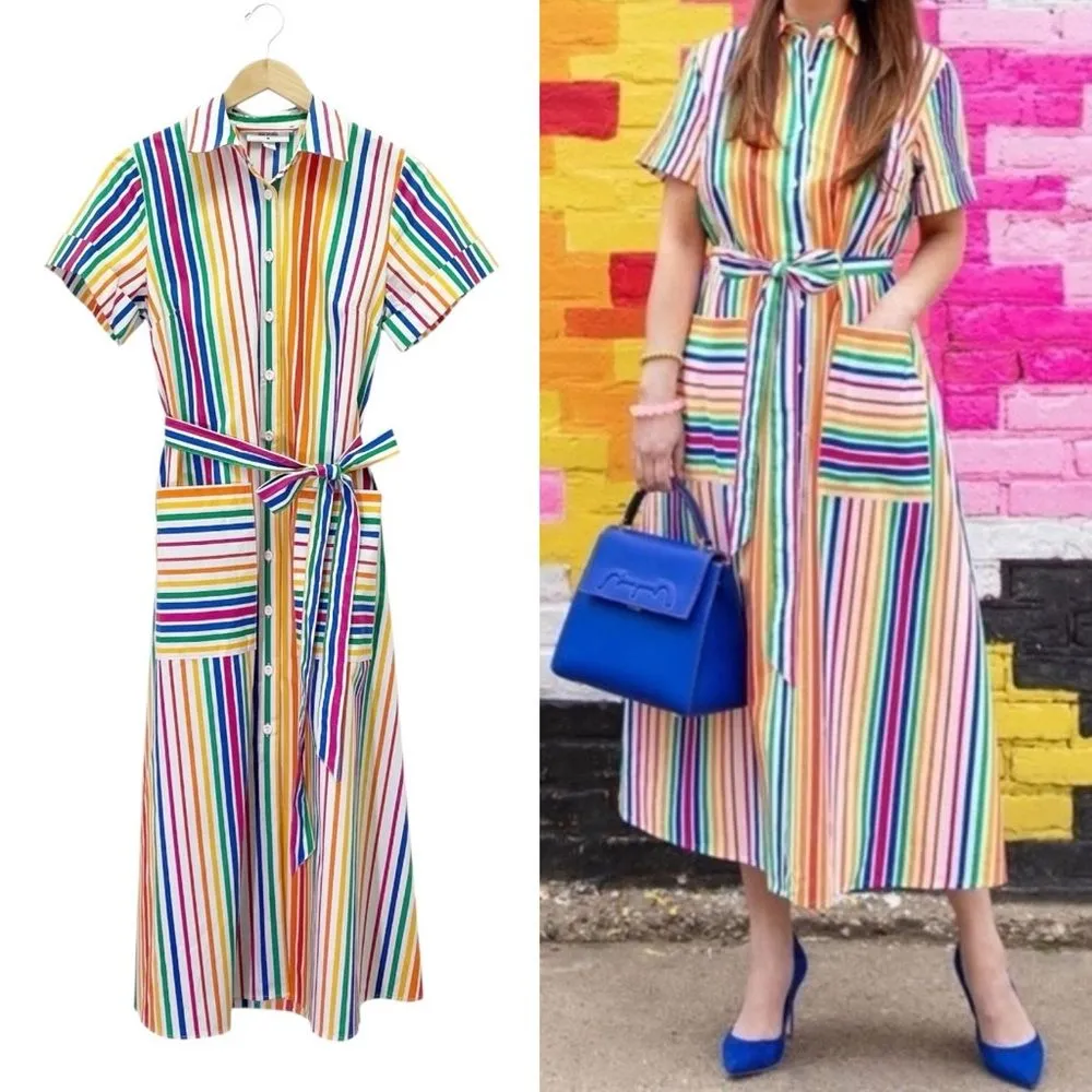 Christopher John Rogers x Target Rainbow Stripe Belted Shirt Dress Size 2 Cotton Red - Image 14
