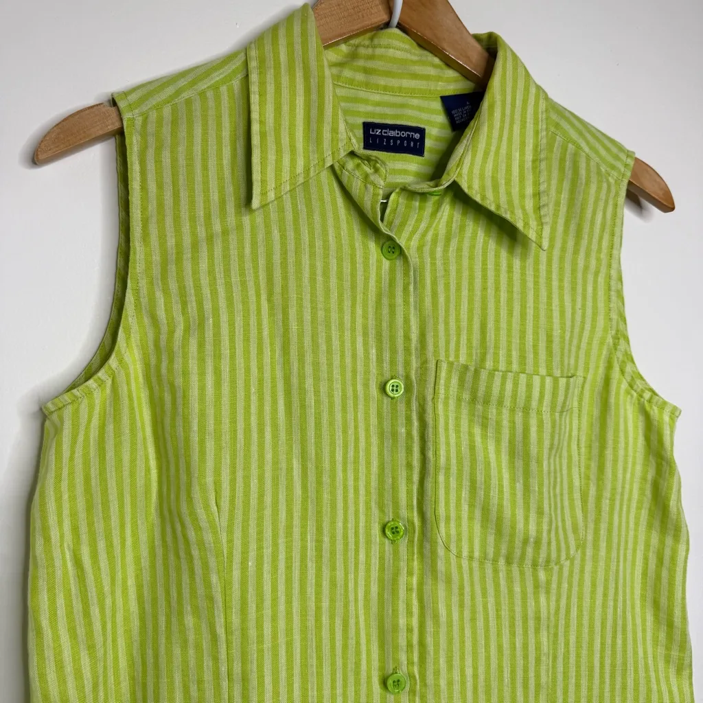Liz Claiborne Liz Sport Linen Sleeveless Blouse Top Women’s Size Large Green - Image 3