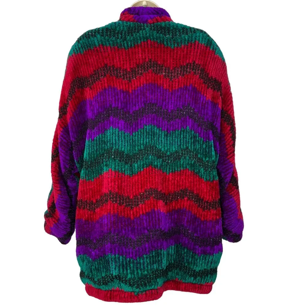 Vintage 90s Chevron Stripe House Jacket Bight Size M Cardigan Purple Teal Chunky - Image 2