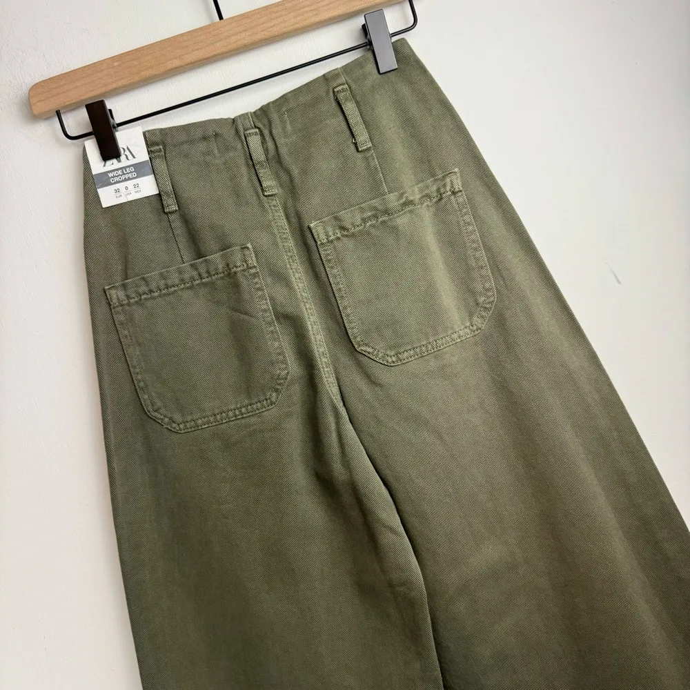 NWT ZARA Wide Leg Cropped Jean Pants Sz 0 Army Olive Green High Rise - Image 11