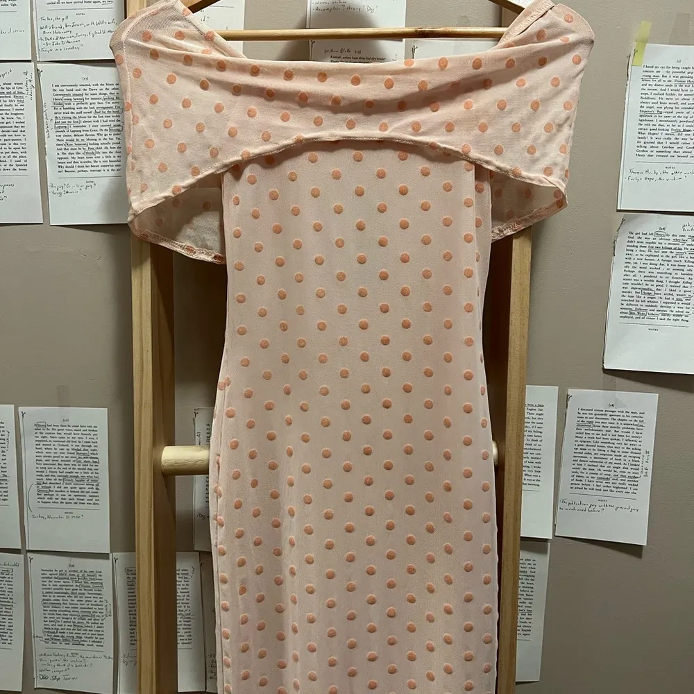 Nude Polka Dot Print Flocked Mesh Off Shoulder Bardot Midi Dress NWT - Image 6