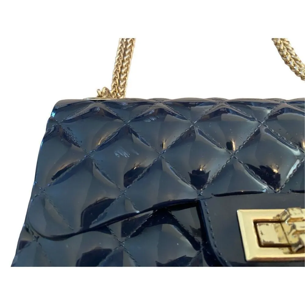 Blue Jelly Quilted Purse Shoulder Bag Turn Lock Closure Gold Tone Chain Shoulder - Image 11
