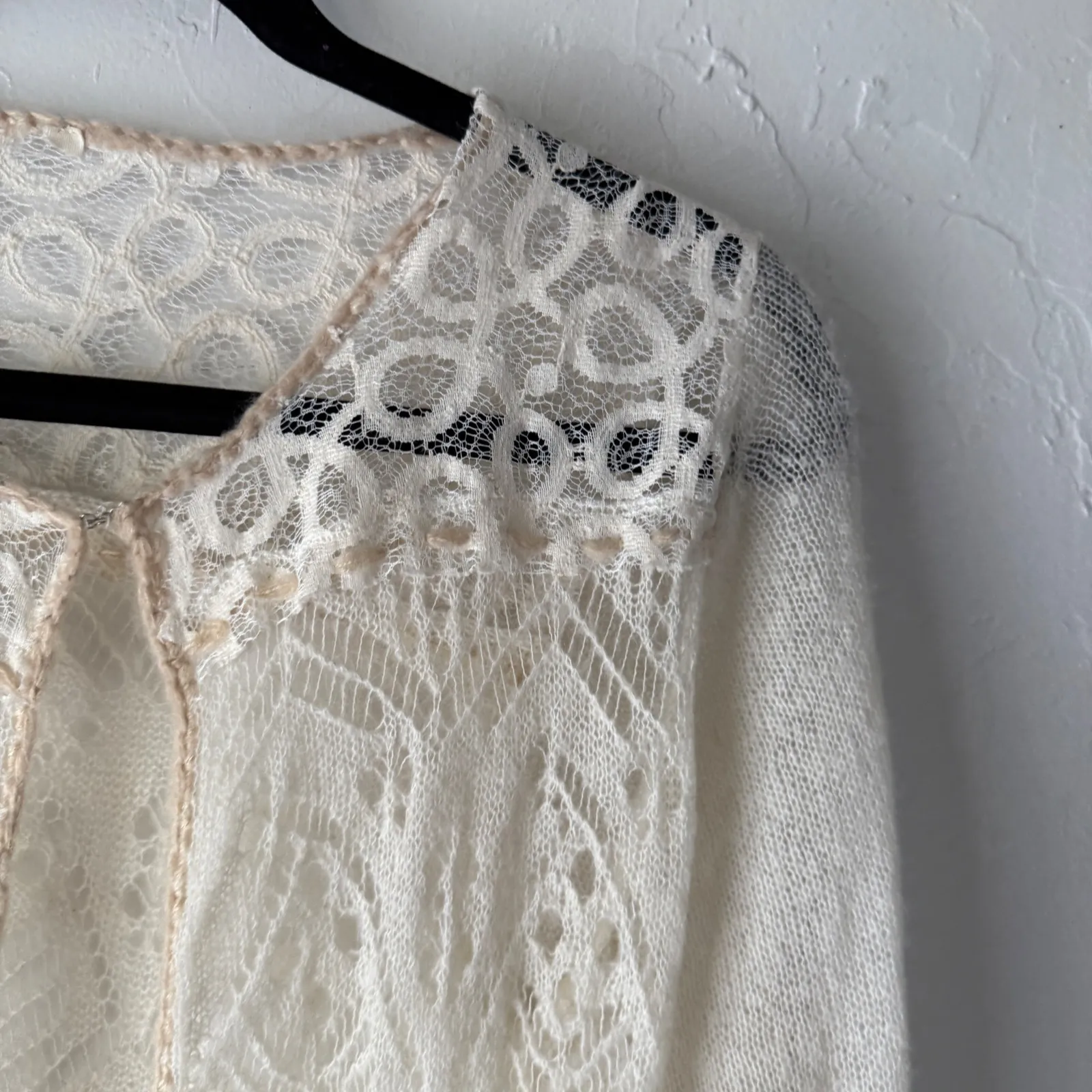 Cottage Fairy Lace Cardigan Bohemian Knit Sweater Duster Dainty Light Wool Blend Size M - Image 6