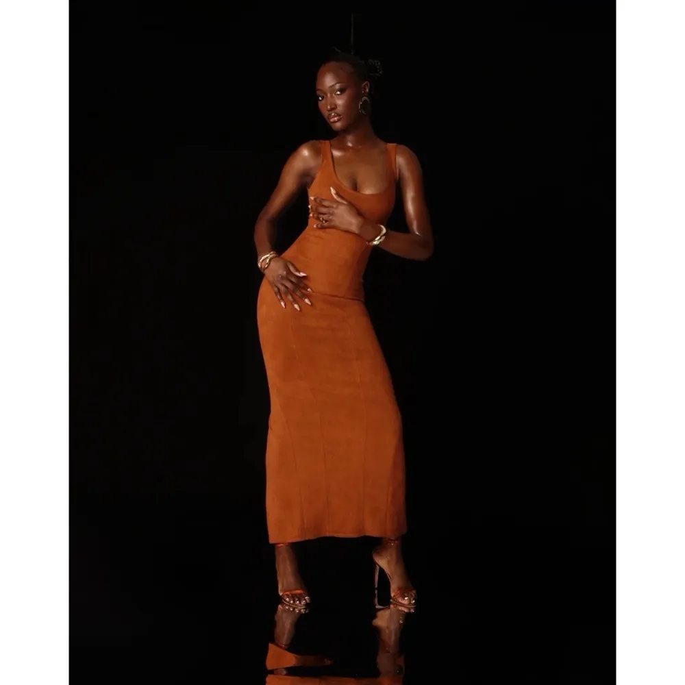 TOFE Kevwe Faux Suede Bodycon Maxi Dress in Burnt Orange, Size S, NWT Orange - Image 3
