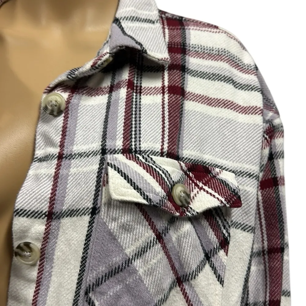 Maurices Heavy Flannel Button Up Shirt Shacket 4 Pocket Purple Plaid Jacket L - Image 4