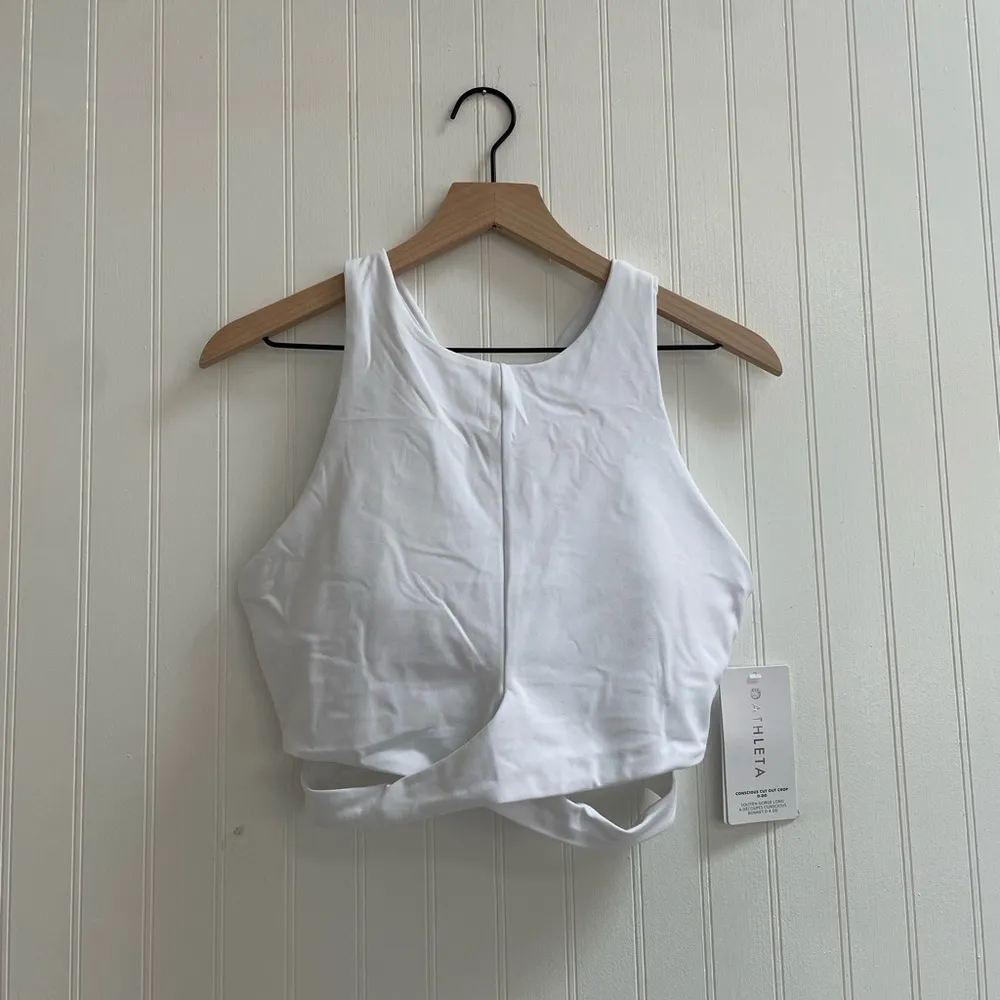 ATHLETA Conscious Cut Out Crop D-DD Tank Top Sports Bra in White Size L NWT - Image 4
