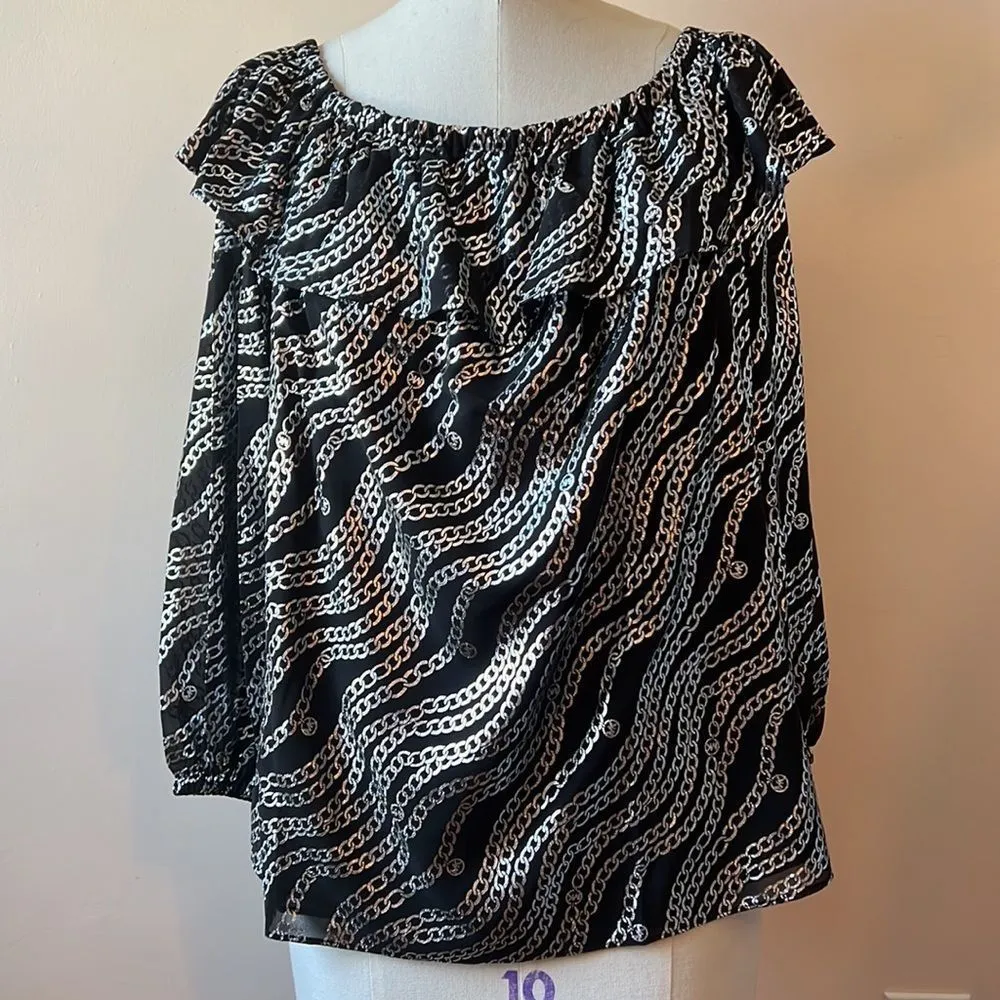 Michael Michael Kors Black and Silver Chain Blouse Sz OX - Image 2