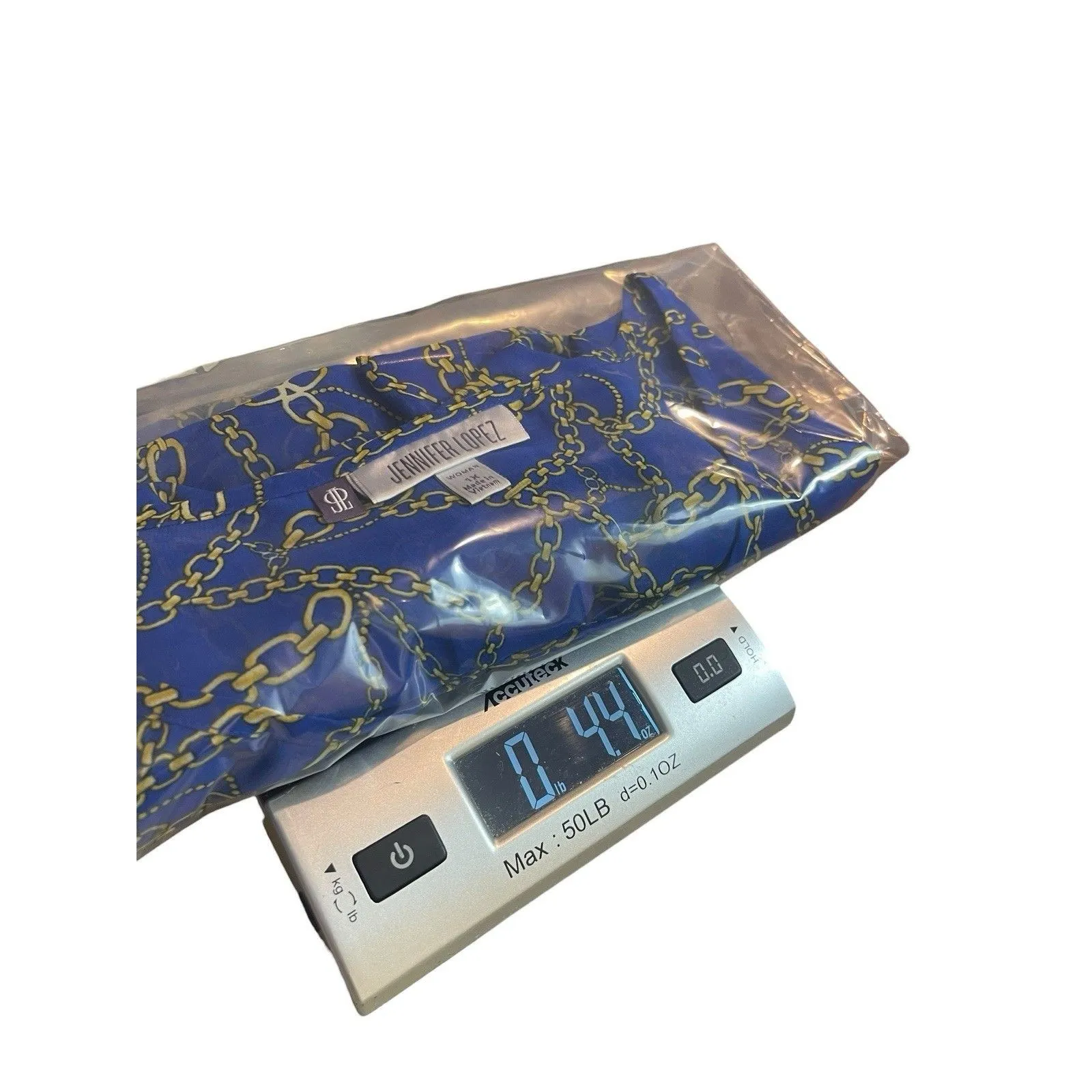 Jennifer Lopez 1X Sheer Blue Gold Chain Print Equestrian Nautical Mob Wife Top - Image 9