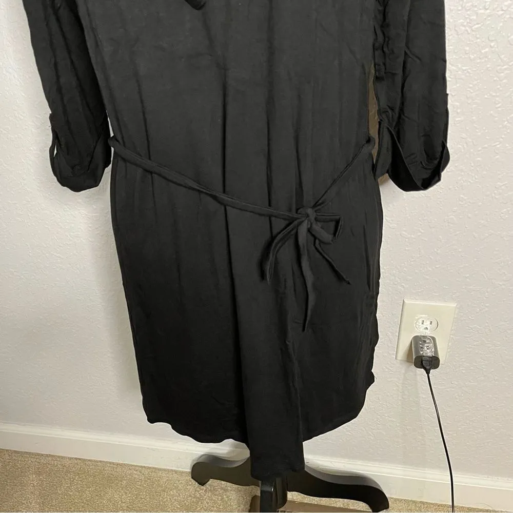 NWT Chaser Black Sz M Jersey Rolled Cuff Shirttail Henley Dress Tie Waist Casual - Image 5