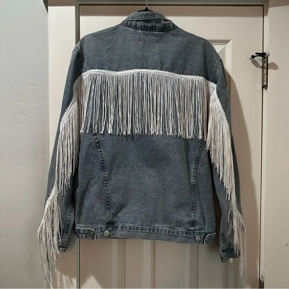 Fringe Denim Jacket Western Cowboy Festival Jean‎ Jacket Light Blue Size M - Image 2