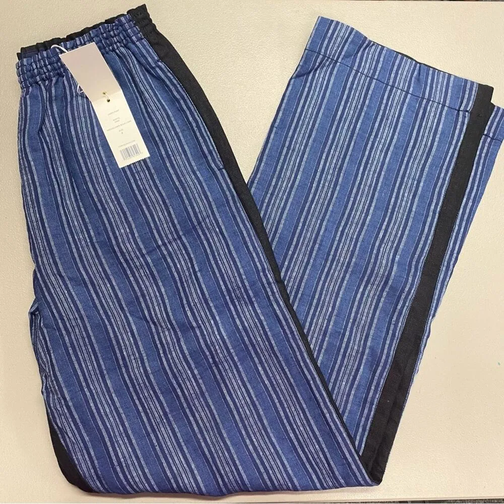 Tory Burch Pants 100% Linen Blue Striped Front Solid Back Relaxed Fit Pocket NWT - Image 3