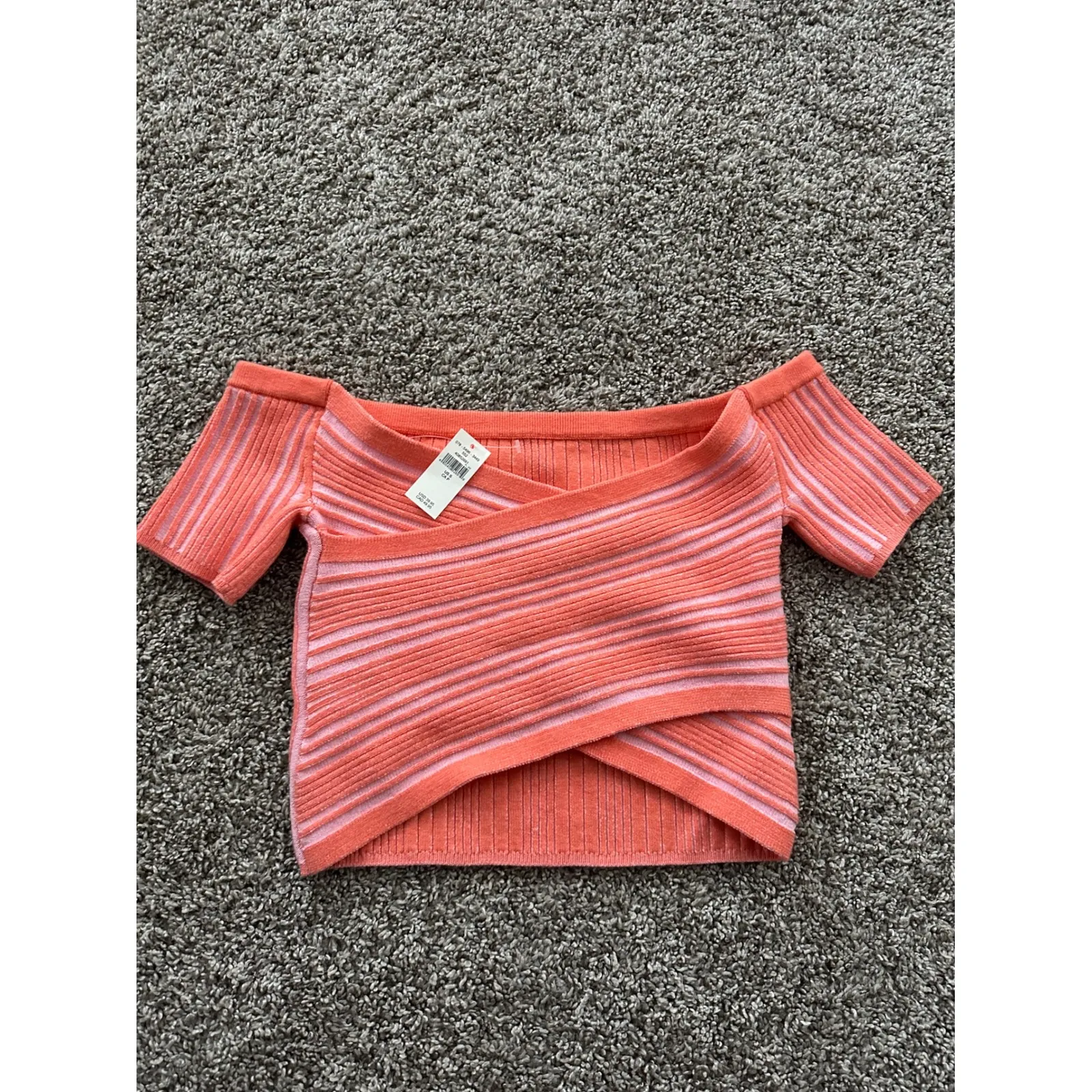 Coral Striped Off Shoulder Wrap Cropped Sweater Top Size S - Image 3