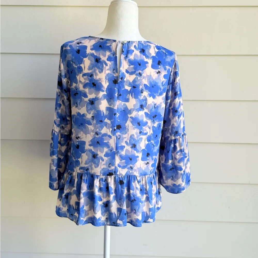 J Crew Silky Blue Floral Bell Sleeve Peplum Top in Meadow Print Women's Small - Image 4