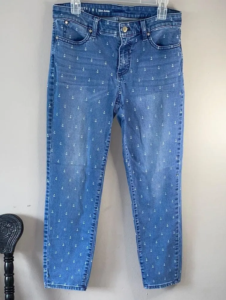 Chic Blue Ankle Jeans with Nautical Print Size 8 - Image 2