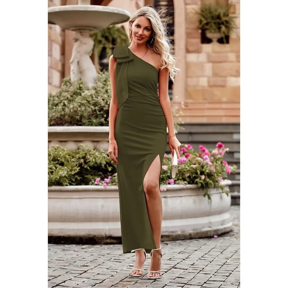 NEW Army Green Formal Semi Formal One Shoulder Maxi Dress M Green Size M - Image 2