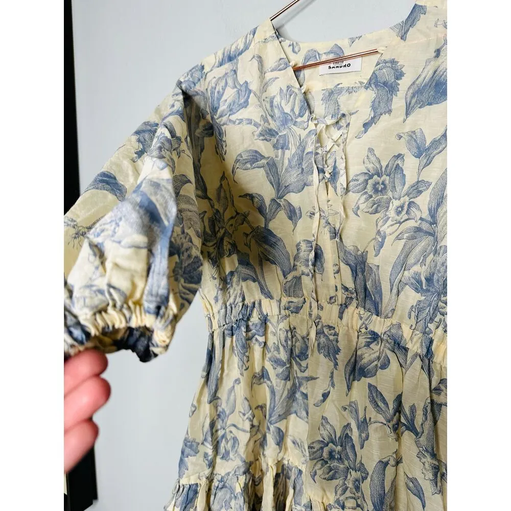 SANDRO Off White Floral Lace Up Neck Tie Mini Josella Dress Size Small - Image 9