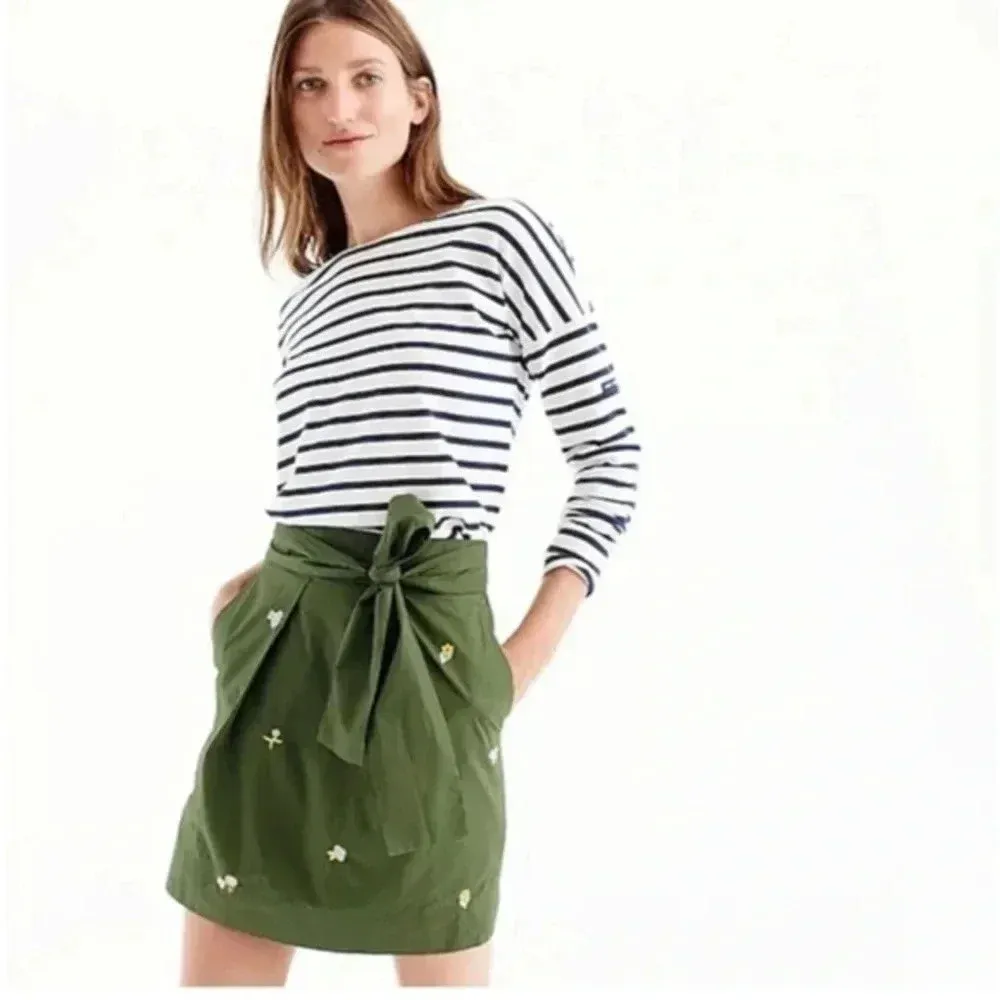 J. Crew | Olive Green Embroidered Floral Bow Tie Skirt Size 00 XXS XS - Image 6