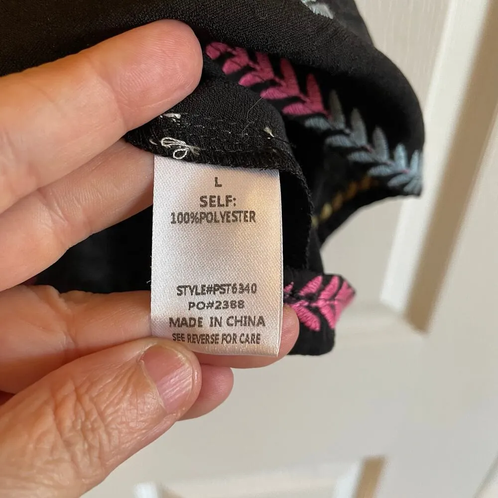 Polagram black top with colorful embroidery at the chest,hem and sleeves. Sz L - Image 9