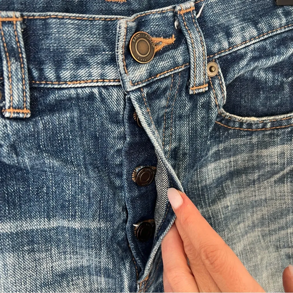 Saint Laurent YSL Mid Rise Cutoff Fray Denim Shorts - Image 2