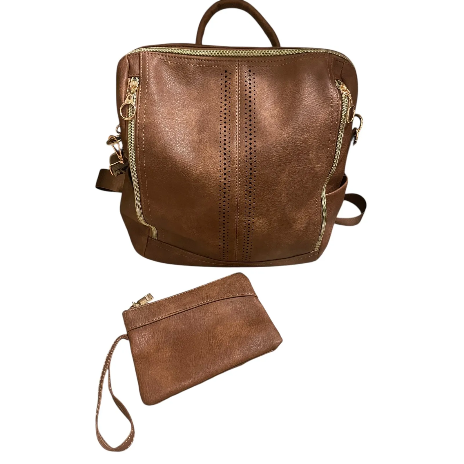 Convertible Cognac Vegan Leather Backpack Purse Set w Wristlet Boho Strap NWOT Brown - Image 2