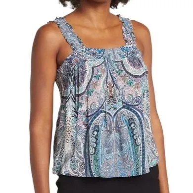 NWT Catherine Malandrino Square Neck Ruffle Strap Tank Blue Paisley Size XL NEW - Image 2