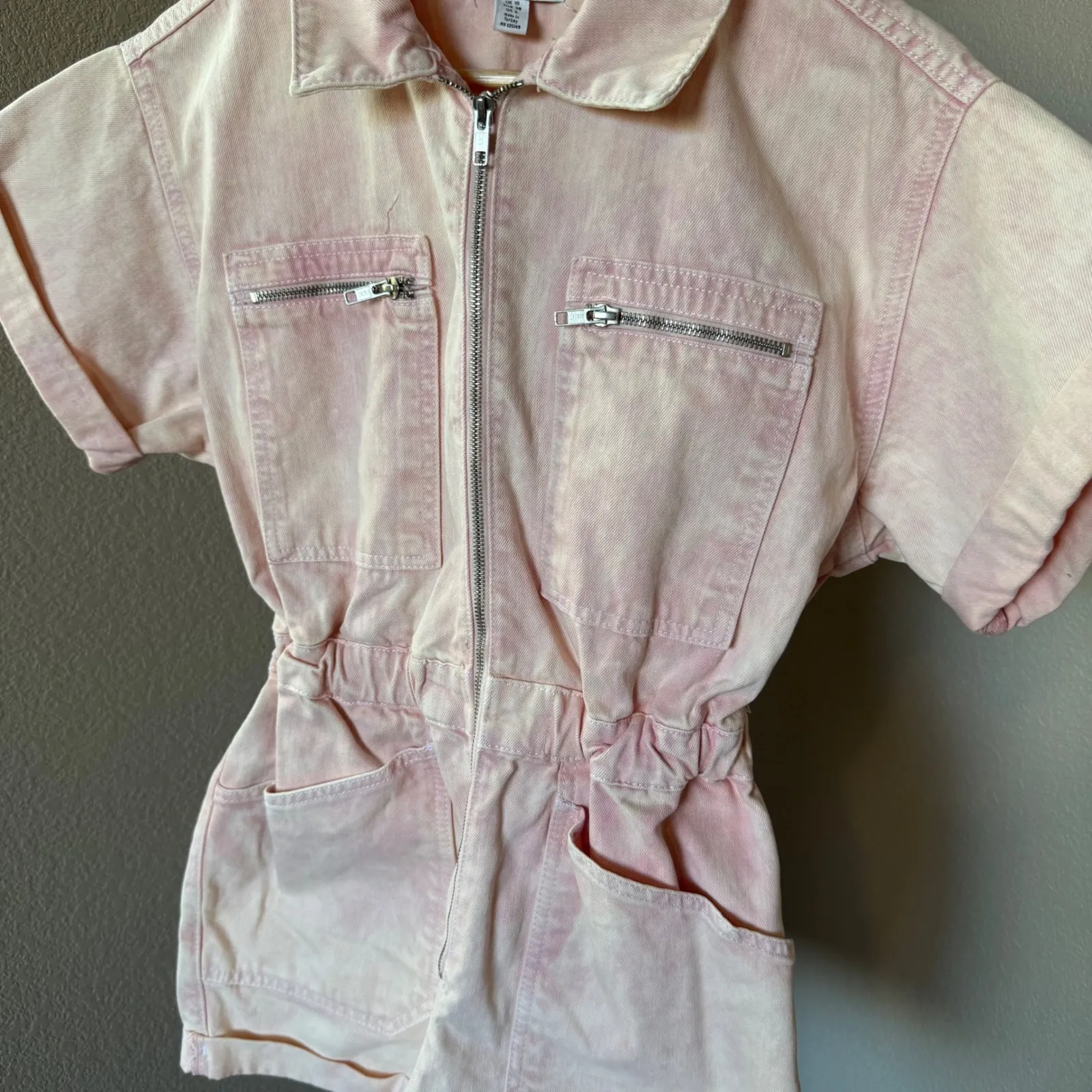 Topshop Pink Denim Romper Jumpsuit Utility Pockets Short Sleeve‎ Size US 6 - Image 2