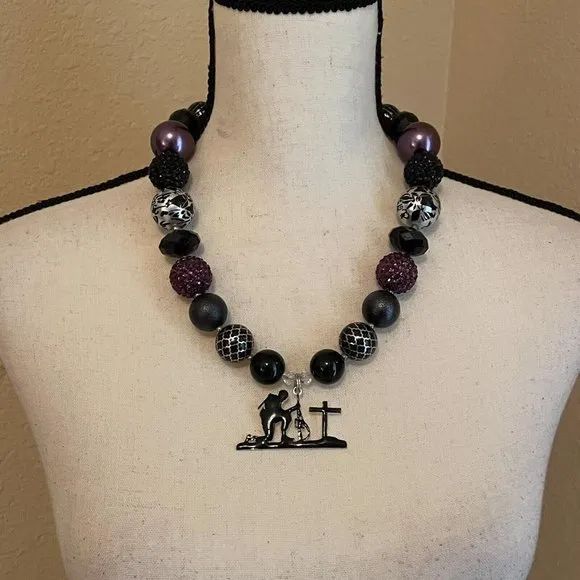 Statement Necklace - Purple / Black Bead - Military Solider Kneeling At Cross - Image 1