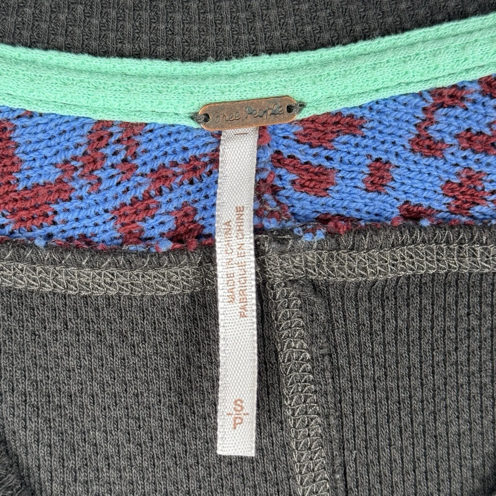 Free People On My Way‎ Cuff Thermal Top Boho Mixed Print Fair Isle Knit Small - Image 6