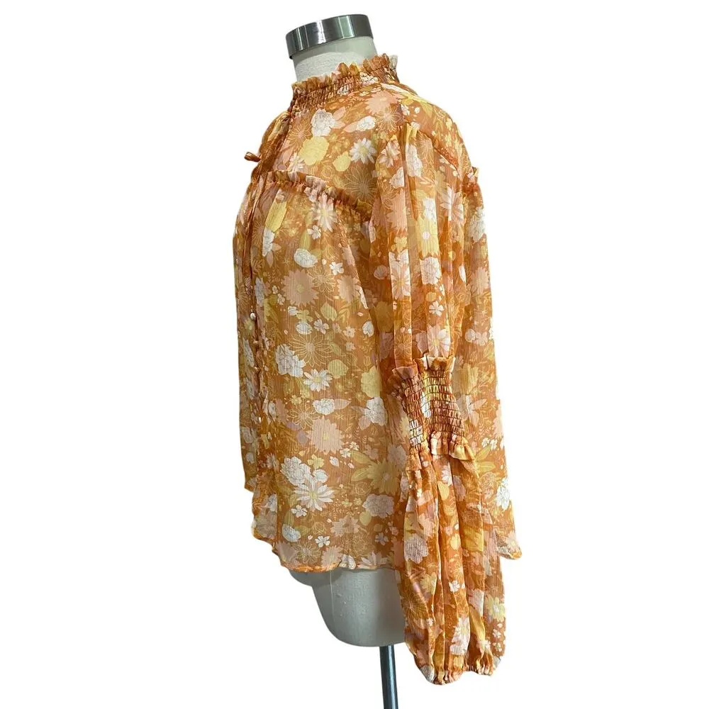 O.P.T X Anthropologie Orange Floral Sheer Smocked Long Sleeve Blouse - Image 2