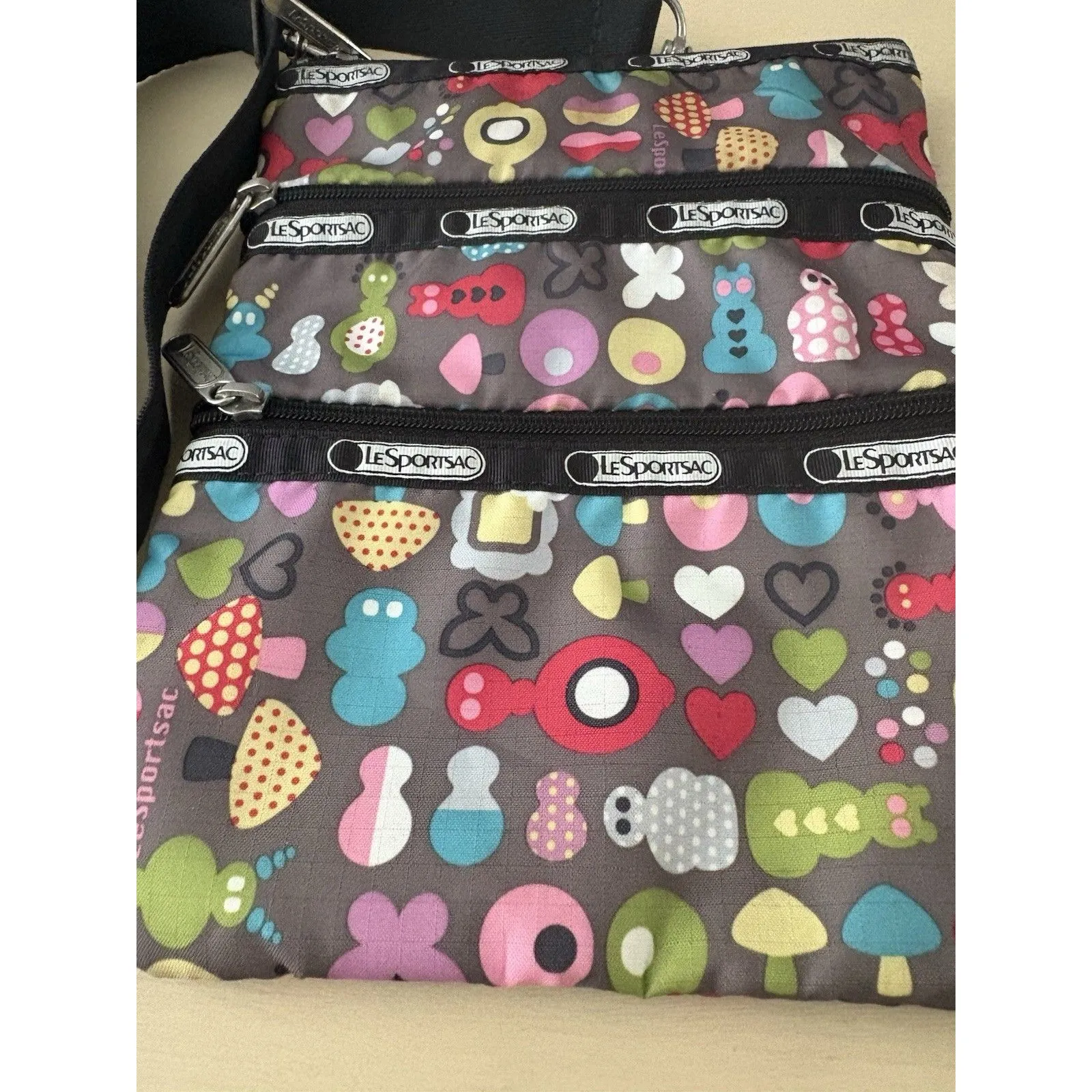 LeSportsac Gray Toot Print Triple 3 Zip Crossbody Mushroom Hearts Butterflies - Image 2