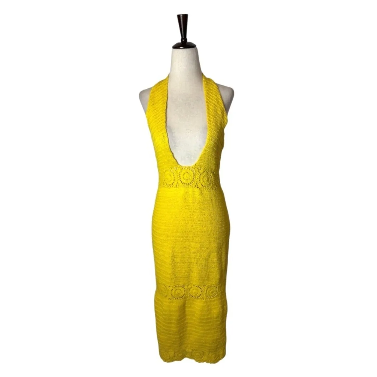 NBD Dress Women Medium Yellow Brandy Open Knit Crochet‎ Halter Neck Midi Retro - Image 3