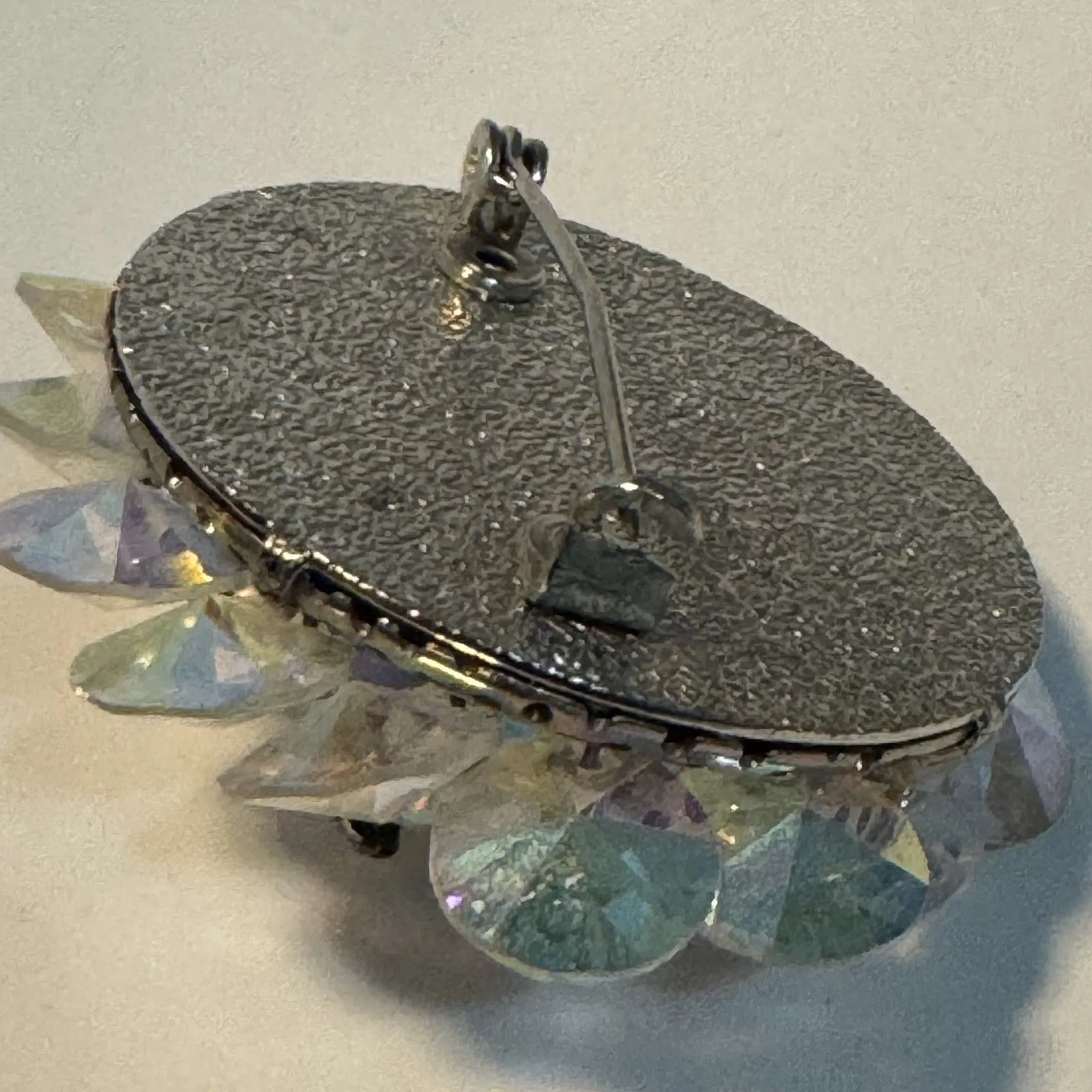 Vintage Brooch AB Aurora Borealis Beaded Circle Cluster Pin Retro Sparkle Silver - Image 7