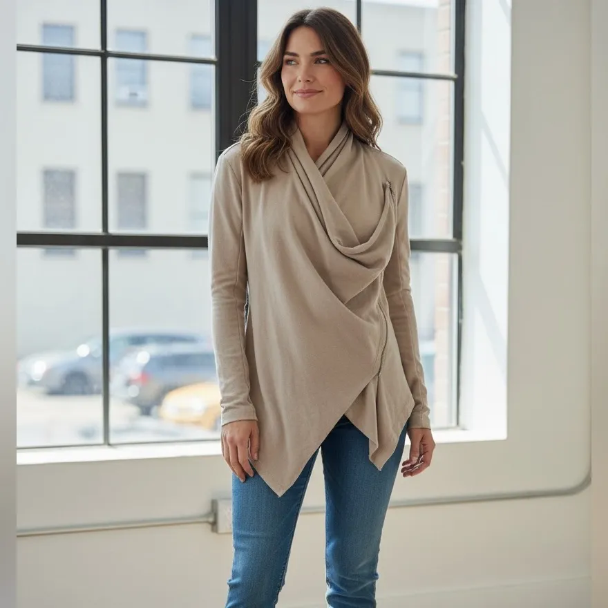 BLANK NYC ASYMMETRICAL JACKET FAUX LEATHER DRAPEY TAN-BEIGE MOTO S - Image 7