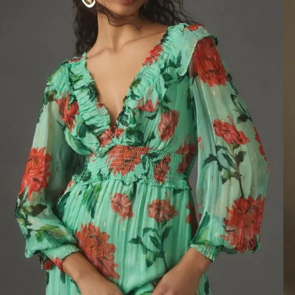 ANTHROPOLOGIE The Odetta Ruffled V-neck Dress Green and Red‎ Floral size Medium - Image 11