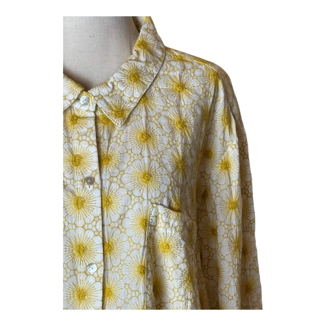 J Jill Shirt Women 3X Yellow Floral Embroidered Daisy Button Down Boho‎ Cottage - Image 4