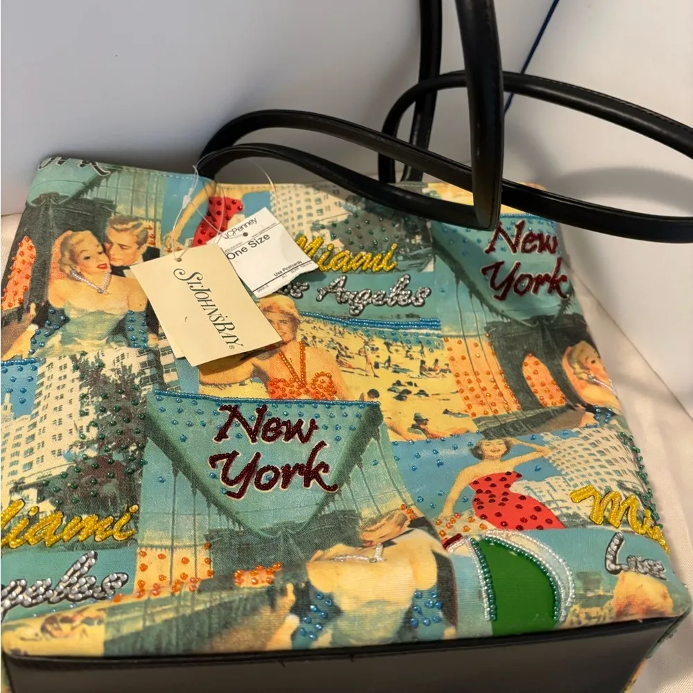 NWT Cloth Shoulder Bag Purse Beaded New York Miami Los Angeles Travel Theme - Image 2