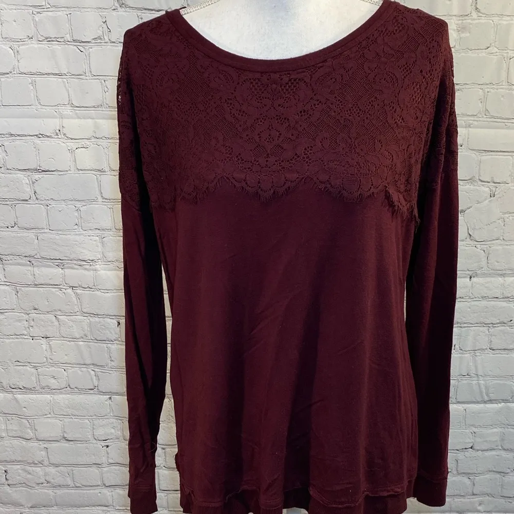 XHILARATION Long Sleeve T-Shirt w Lace Trim and Grommet Lace Up Back Burgundy-XL - Image 3