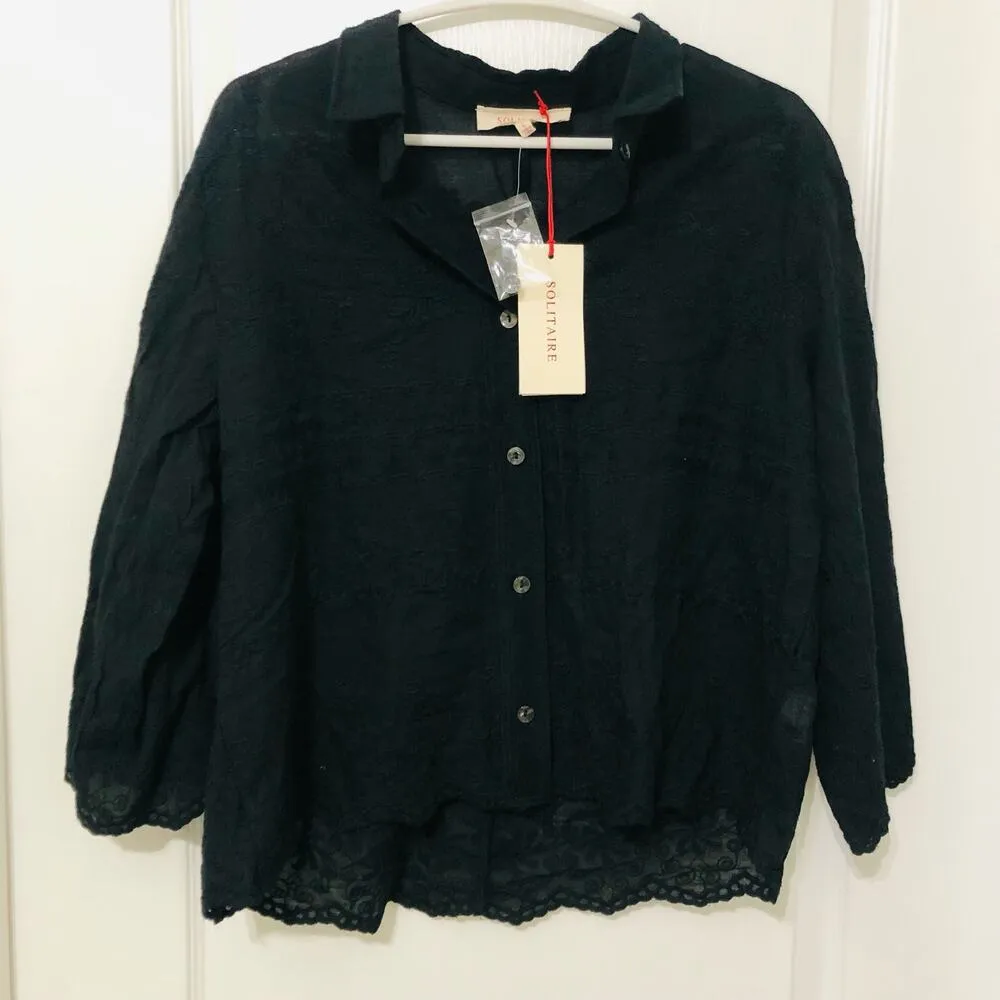 Solitaire Women's Button Up Shirt Embroidered Hi-Low Hem Long Sleeve Black Large - Image 2