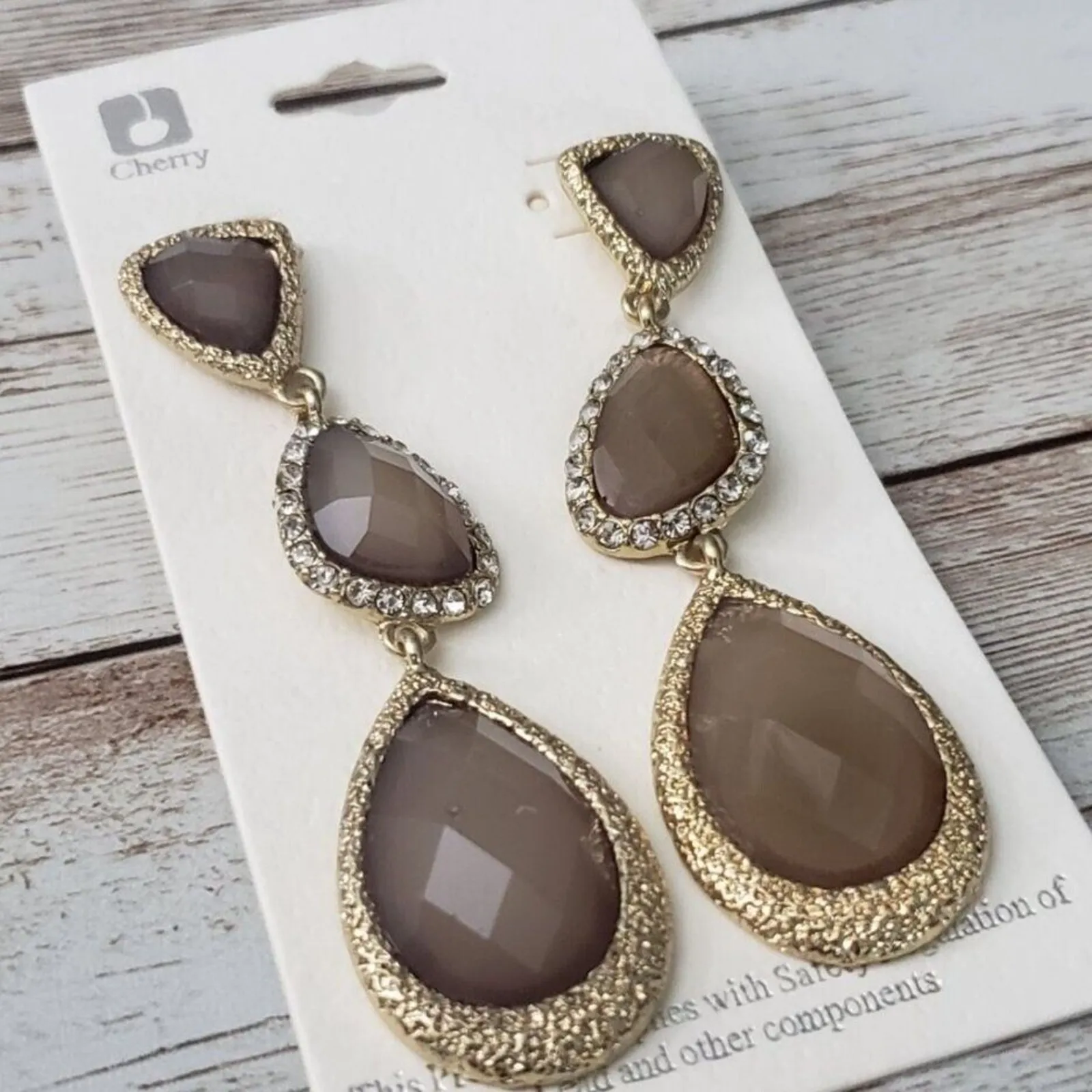 Extra Large Statement Dangle Earrings Olive Tone Faceted Gems - Image 2