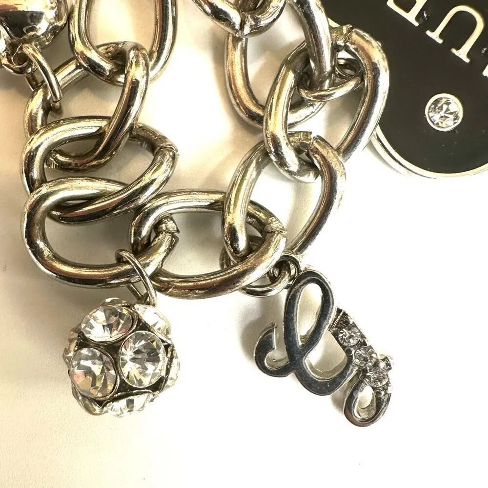 GUESS SILVER TONE CHAIN BLACK HEART CRYSTAL LOGO LOCK & KEY CHARM BRACELET - Image 8