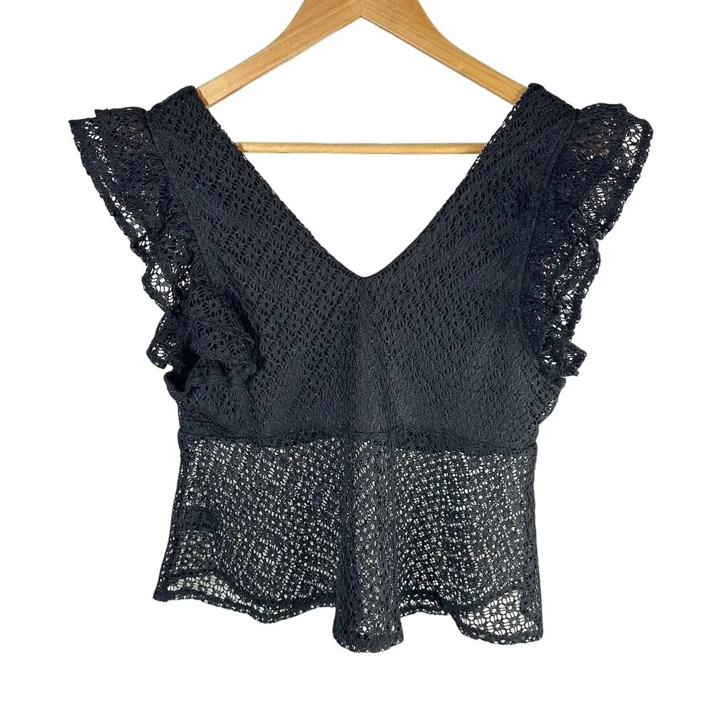 Steve Madden Keyhole Flutter Ruffles Sleeveless Top Size Medium Black - Image 3