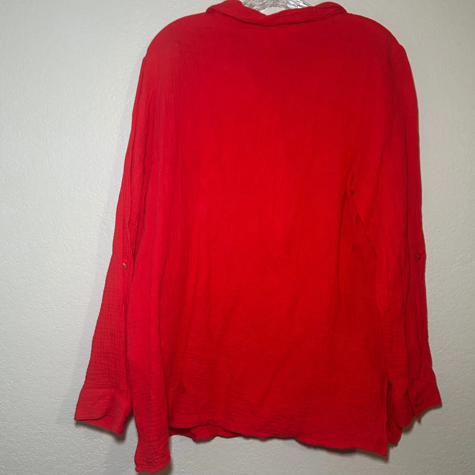 Susan Graver Red Cotton Gauze Palm Tree Embroidered Shirt Top Women's M resort - Image 8