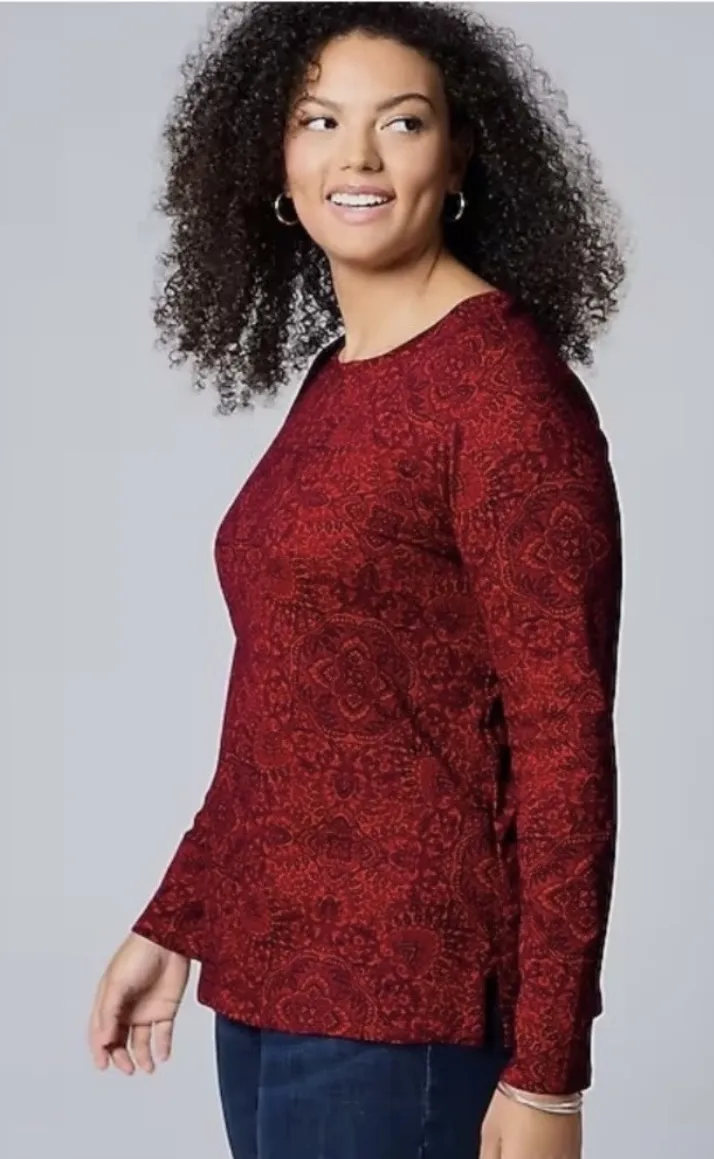 J. Jill Red Printed Long Sleeve Pima Crew Neck Tee •Large - Image 1