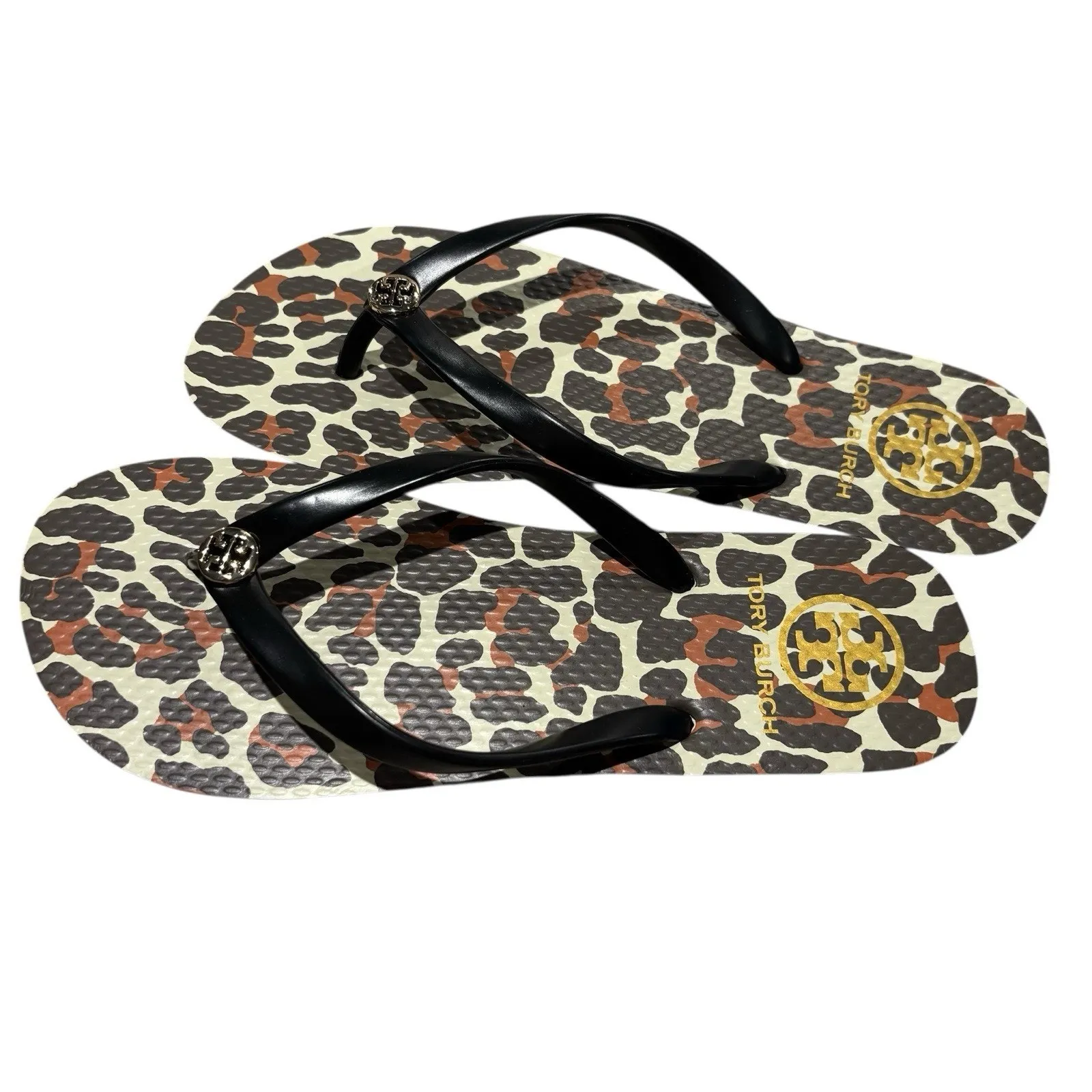 Tory Burch Thin Flip Flop Sandals Animal Leopard PVC/EVA Gold Logo Sz 7 NWOT - Image 2