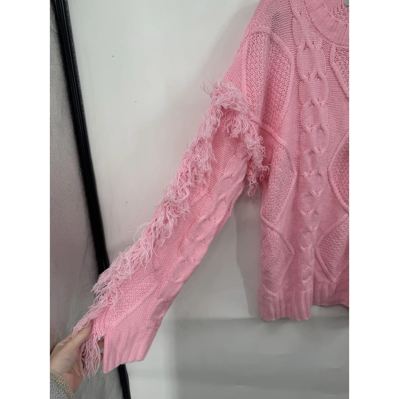 Miss Sparkling Cable Knit Fringe Coquette Cowgirl Sweater Women L Pink Western Size L - Image 6