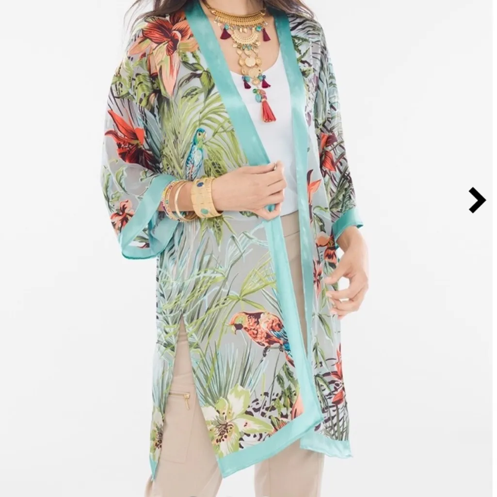 Chico's Paradise Escape Open Kimono 3/4 sleeve 15% silk tropical women S/M Teal - Image 9